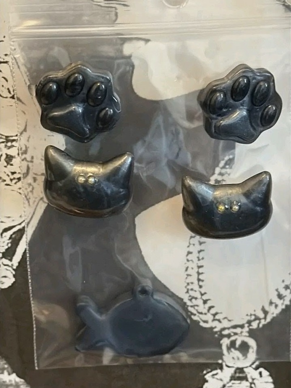 Handmade Gray Cat & Paw Earring Set - 2-Pairs And A Tag